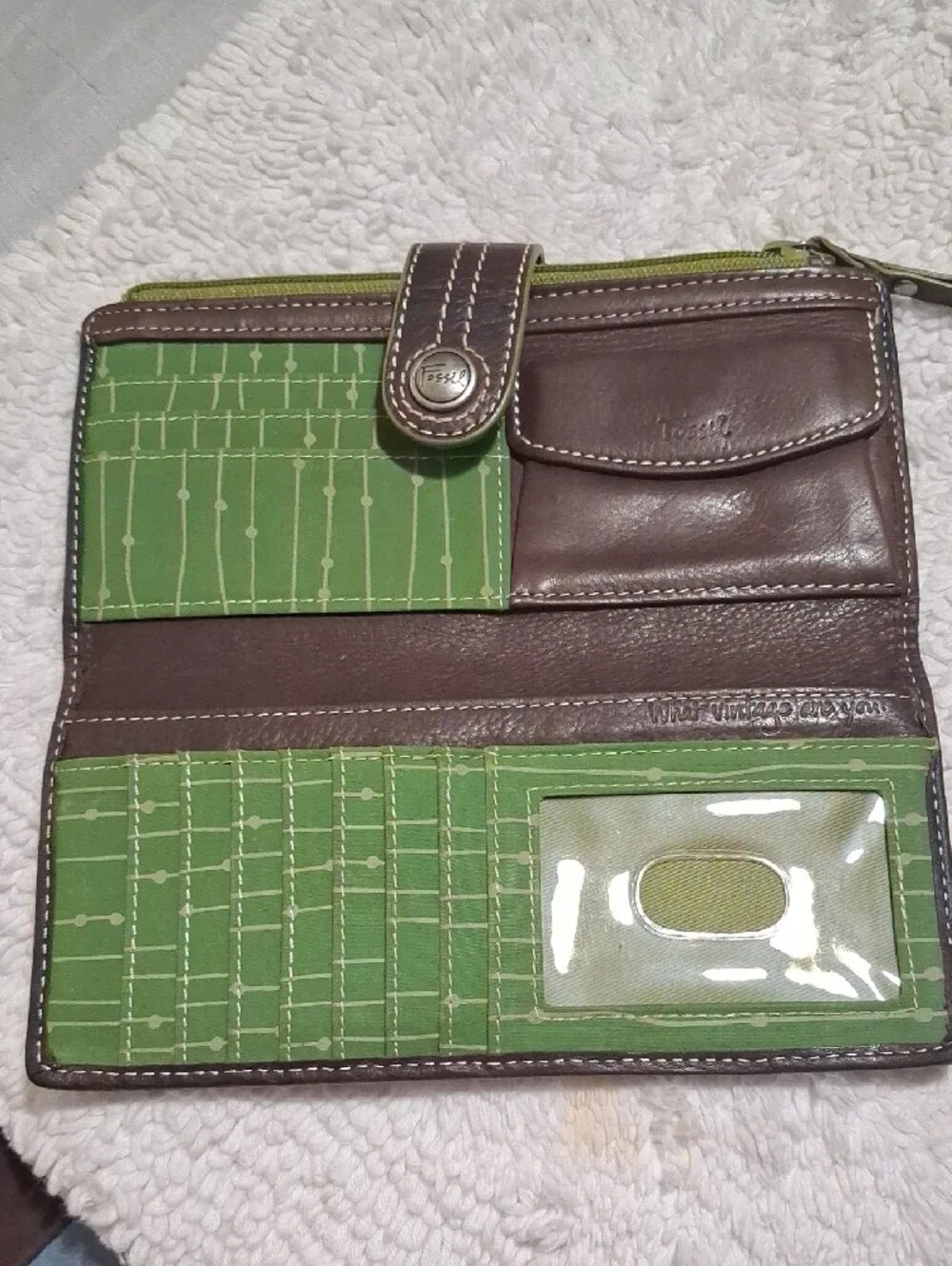 Fossil Dark Brown Wallet with Olive Green Zip Accent
